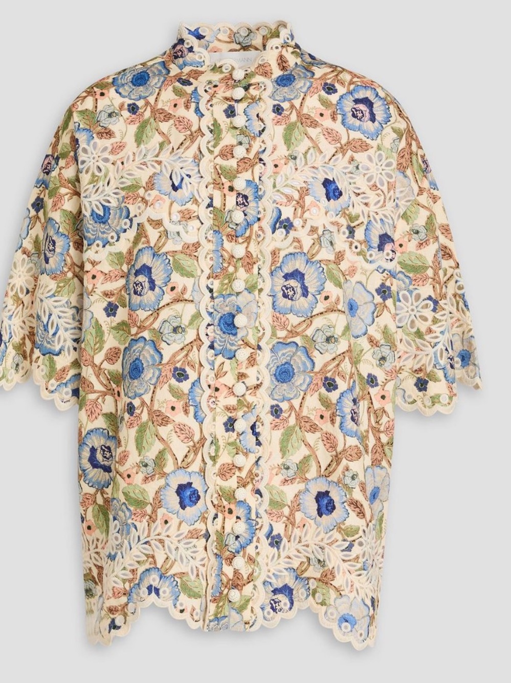 Zimmermann Floral Broderie Linen Button Up Shirt Cream Blue, Size 8-10 US, NWT